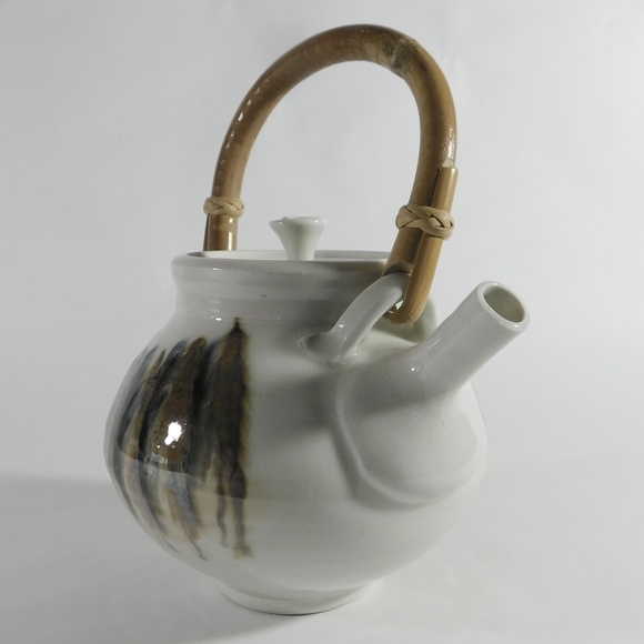 Studio Pottery Bamboo Handle RaKu Stoneware Teapot Signed - Picture 7 of 11